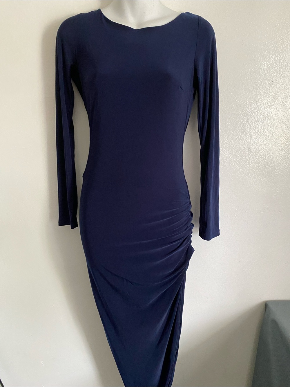 Navy Long-Sleeve Ruched Midi Dress clamazon size S